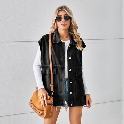 Pocketed Button Up Sleeveless Denim Jacket - House of Cardwell