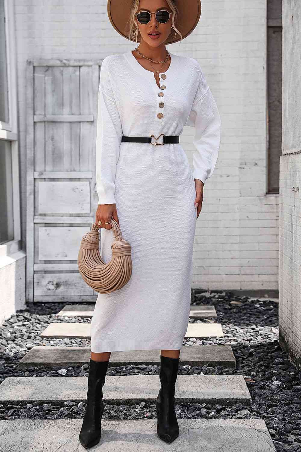Notched Neck Dropped Shoulder Button-Down Midi Dress - House of Cardwell