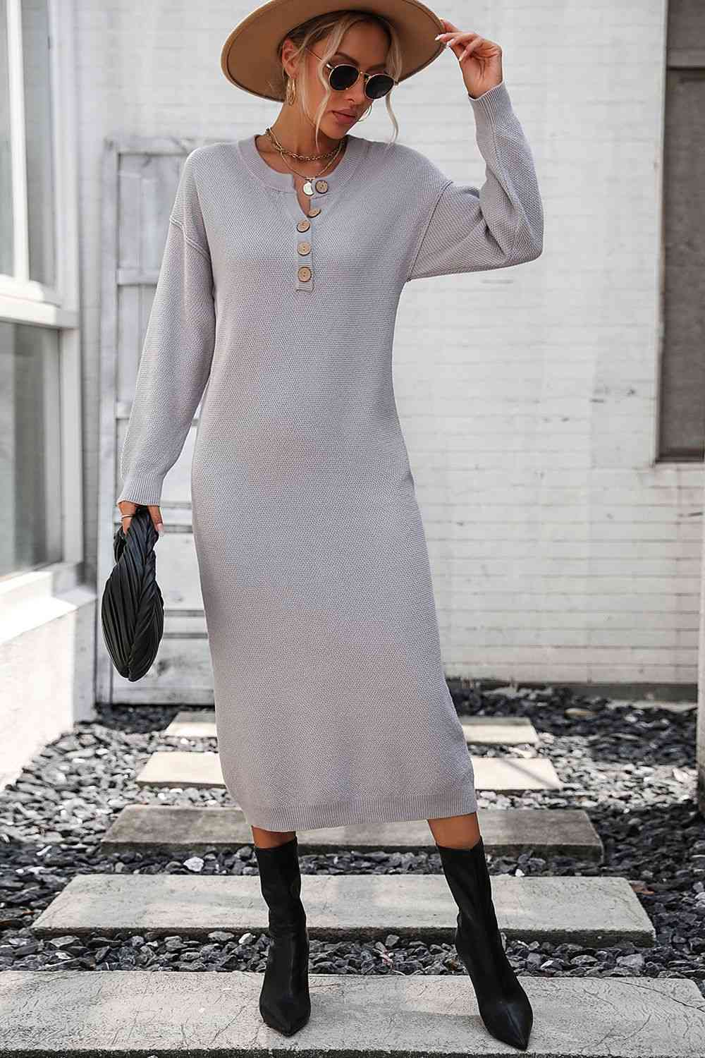 Notched Neck Dropped Shoulder Button-Down Midi Dress - House of Cardwell