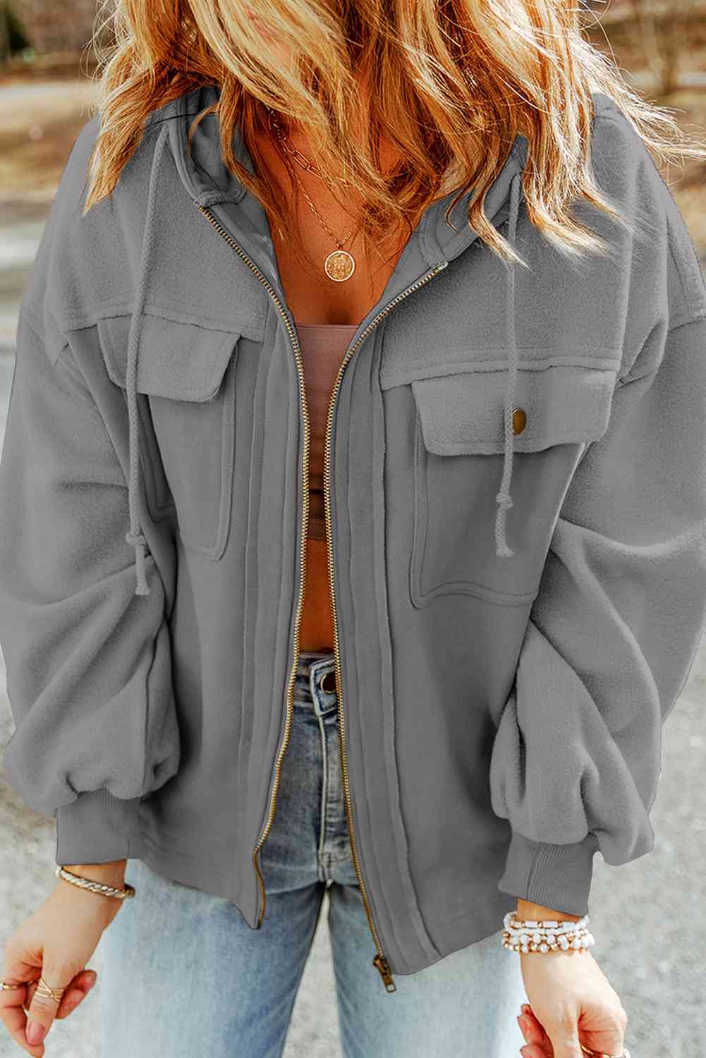 Zip-Up Drawstring Hooded Jacket - House of Cardwell