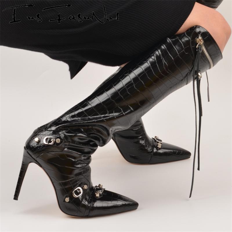 Designer Women Boots Spike High Heel Rivet Punk Motorcycle Botas Slim Tassel Black Knee Boots Buckles Zipper Decor Pointy Boots - House of Cardwell