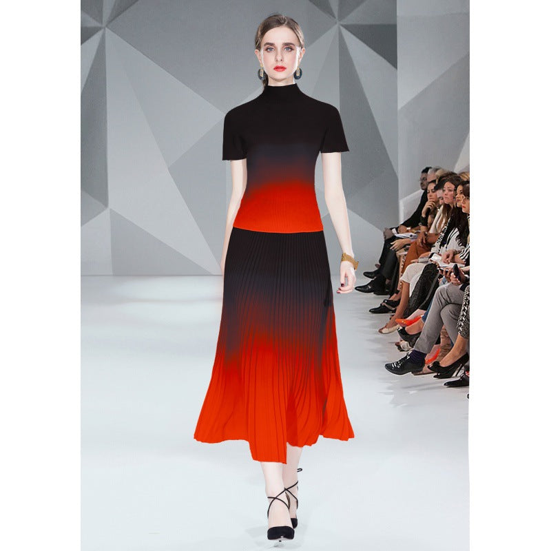 Miyake Pleated Gradient Smudged Pleated Shirt + Pleated Skirt Two-Piece For Women - House of Cardwell