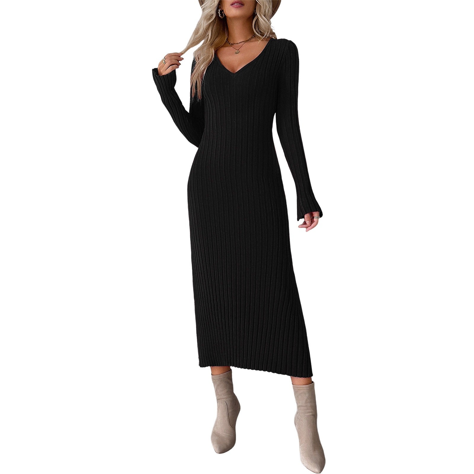 European and American women's autumn and winter elegant V-neck long sleeved woolen dress eprolo