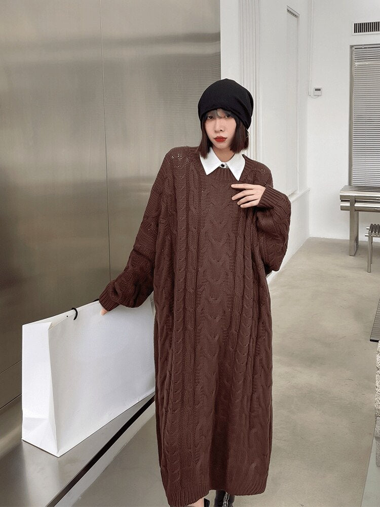 Korean-Inspired Autmn/Winter Cozy and Comfy Long Pullover Outside Streetwear Knitted Sweater Dress eprolo