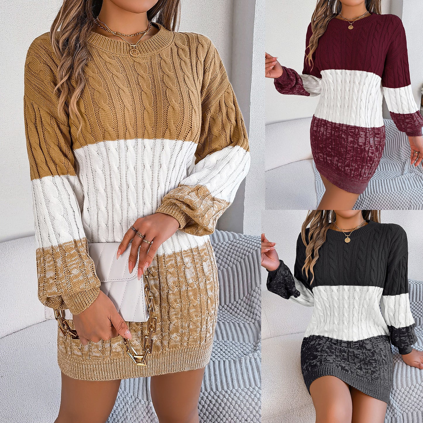 Comfy Autumn and Winter Fashionable Twisted Lantern Sleeve Sweater Dress eprolo