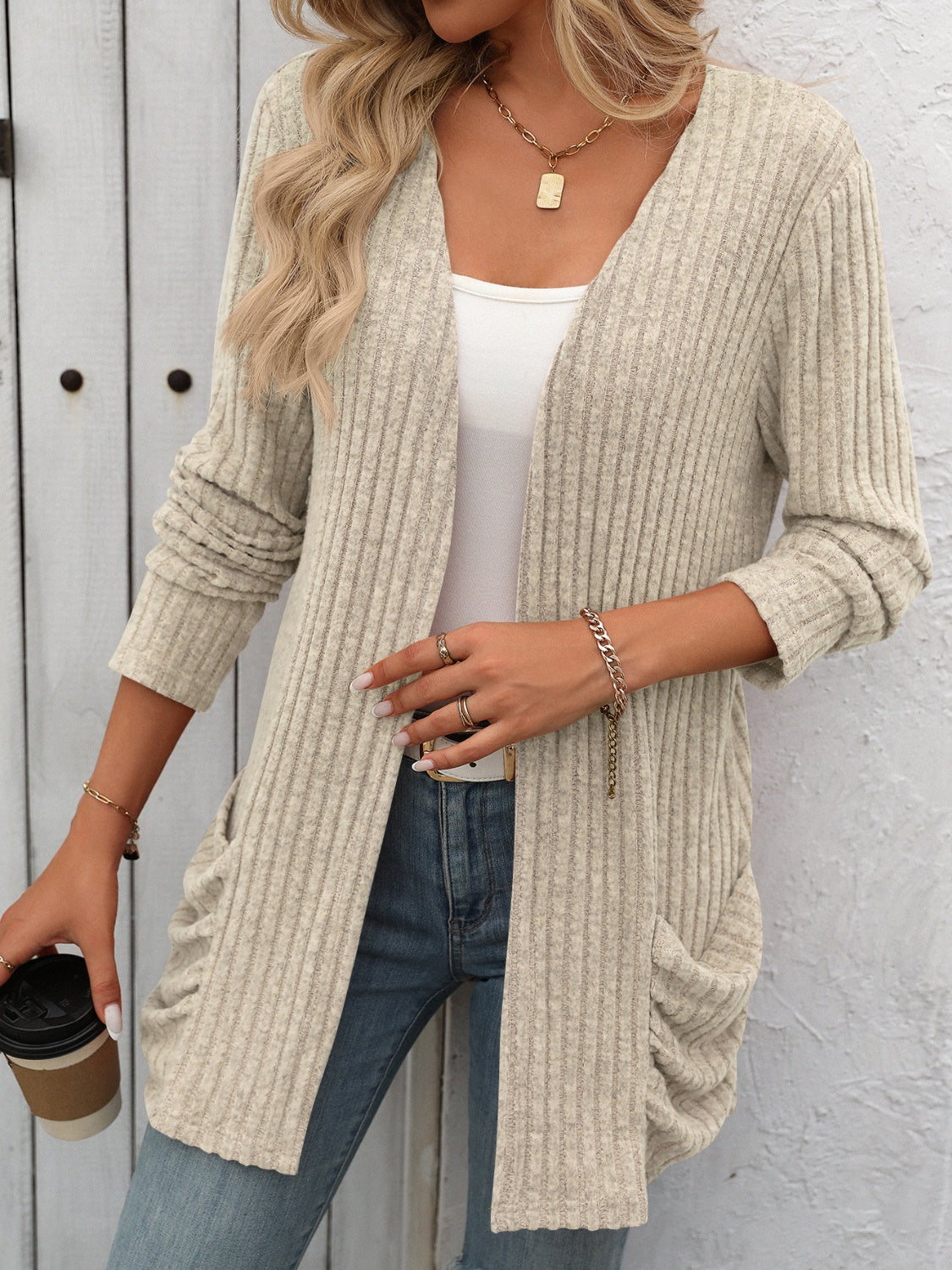 Mandy Open Front Long Sleeve Ribbed Cardigan Trendsi