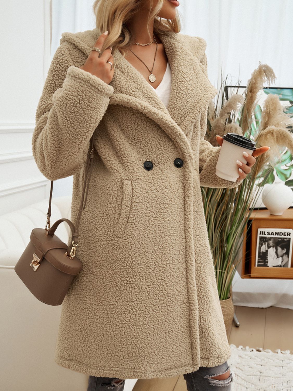 Devine Pocketed Long Sleeve Hooded Teddy Coat Trendsi