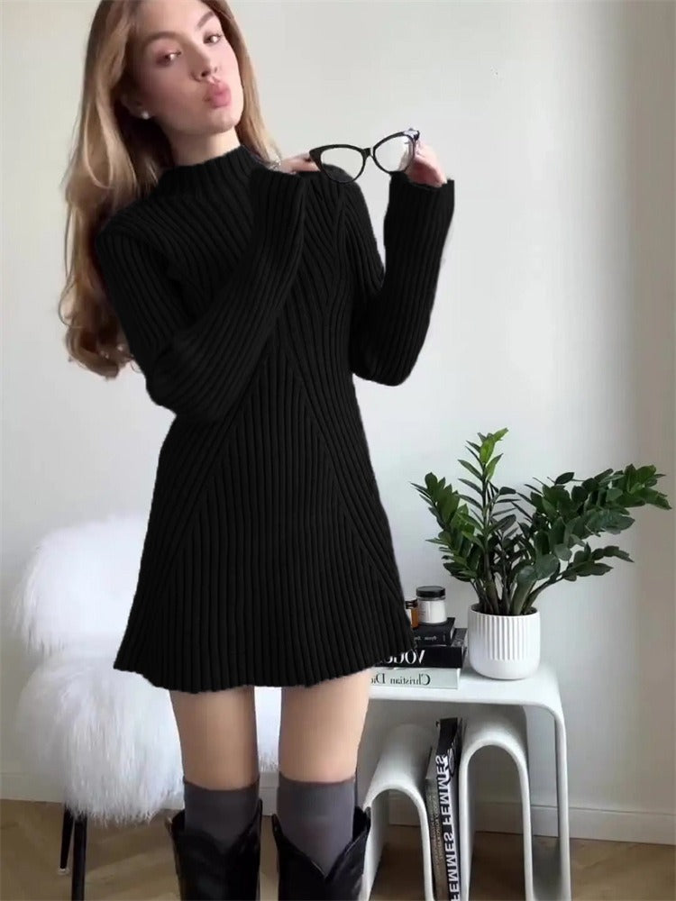 Long sleeved tight knit dress with a semi high collar and a base that covers the hips a solid color woolen dress eprolo