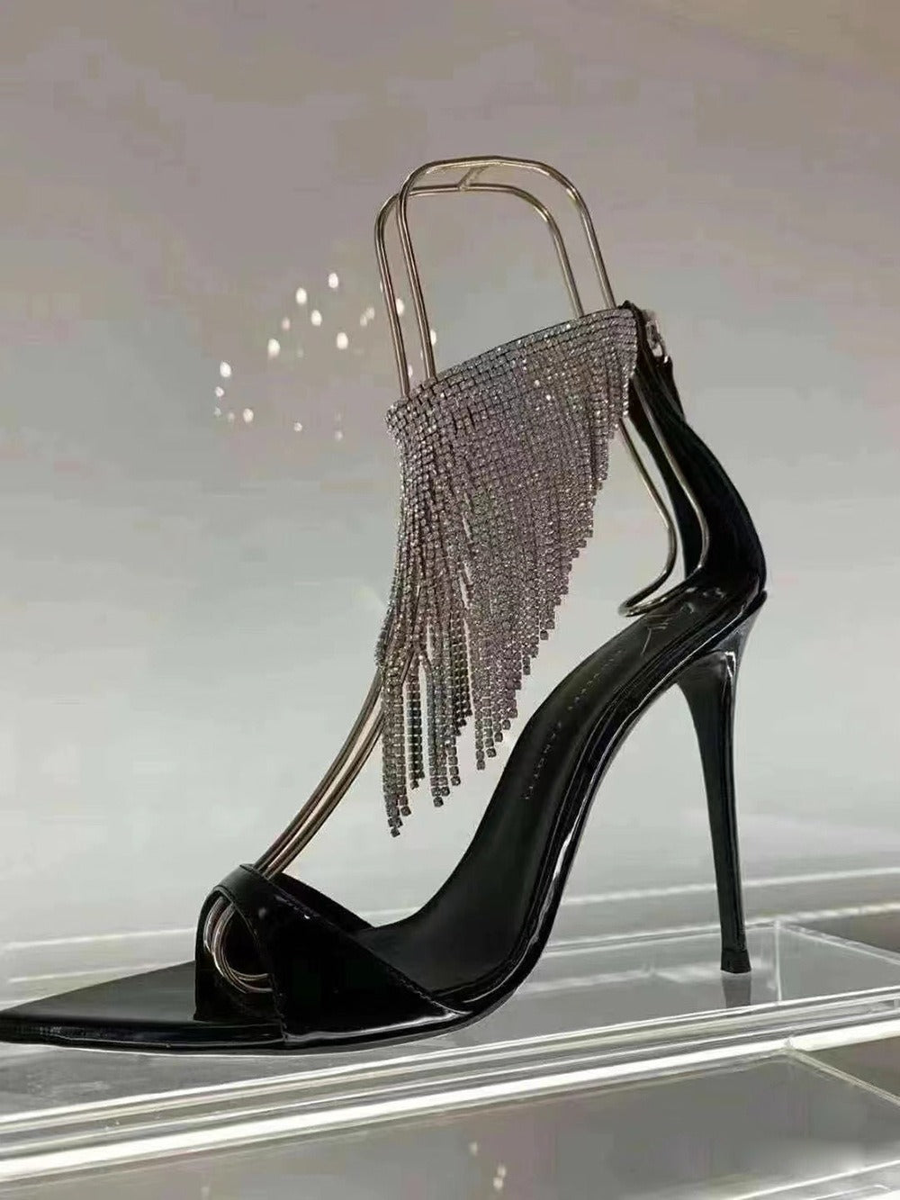 Pointed High Heeled Shoes For Women, Slim Heeled Fish Mouth Shoes, Tassel Hollowed Out Rhinestone Banquet Sandals For Women - House of Cardwell