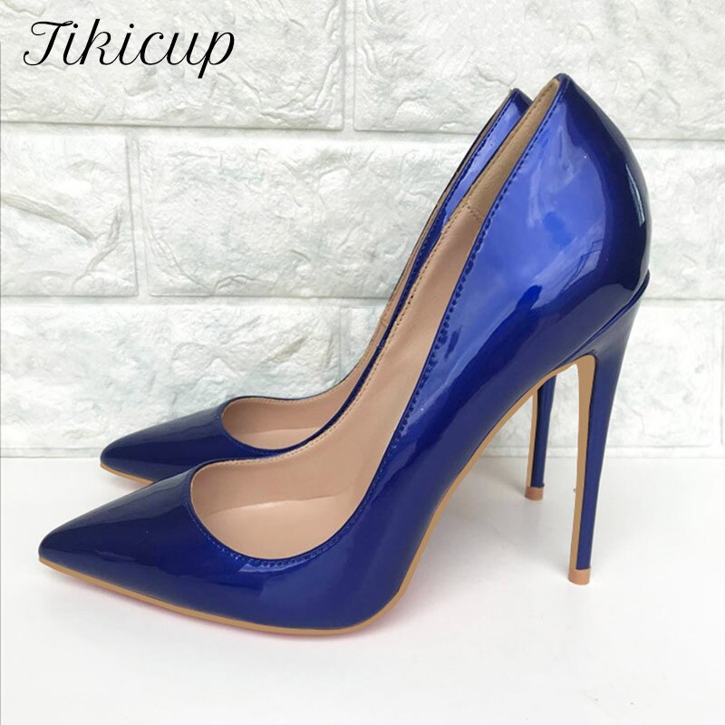 Tikicup Dark Blue Women Patent Pointed Toe Stiletto High Heels Elegant Ladies Slip On Wedding Pumps Shoes Plus Size 34-45 - House of Cardwell