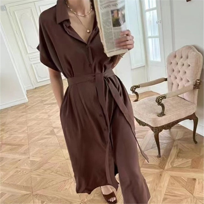 V-neck waist mid-length dress for women cardigan short-sleeved shirt dress for women - House of Cardwell