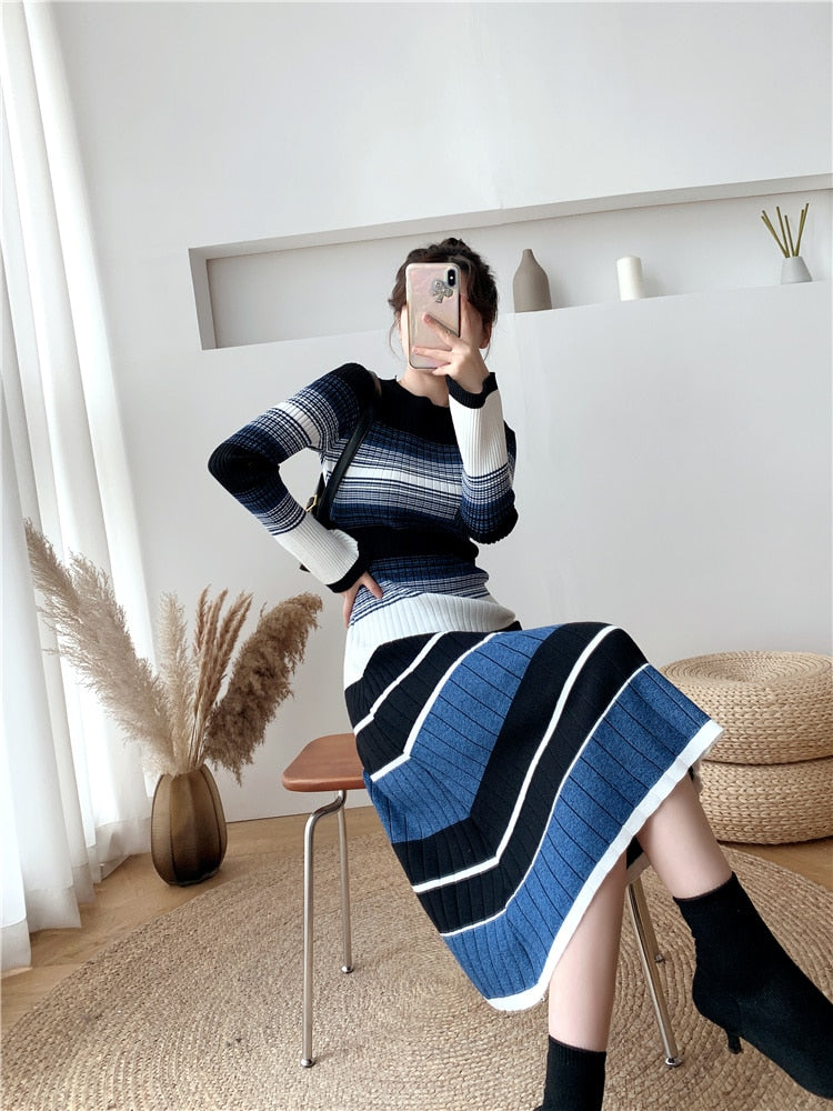 New Autumn and Winter Mid Length Over the Knee Slim Bottoming Knitted Sweater Dress eprolo