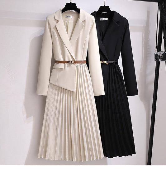 Temperament Autumn and Winter New Suit Jacket Waist Thin Splicing Pleated Skirt Suit eprolo