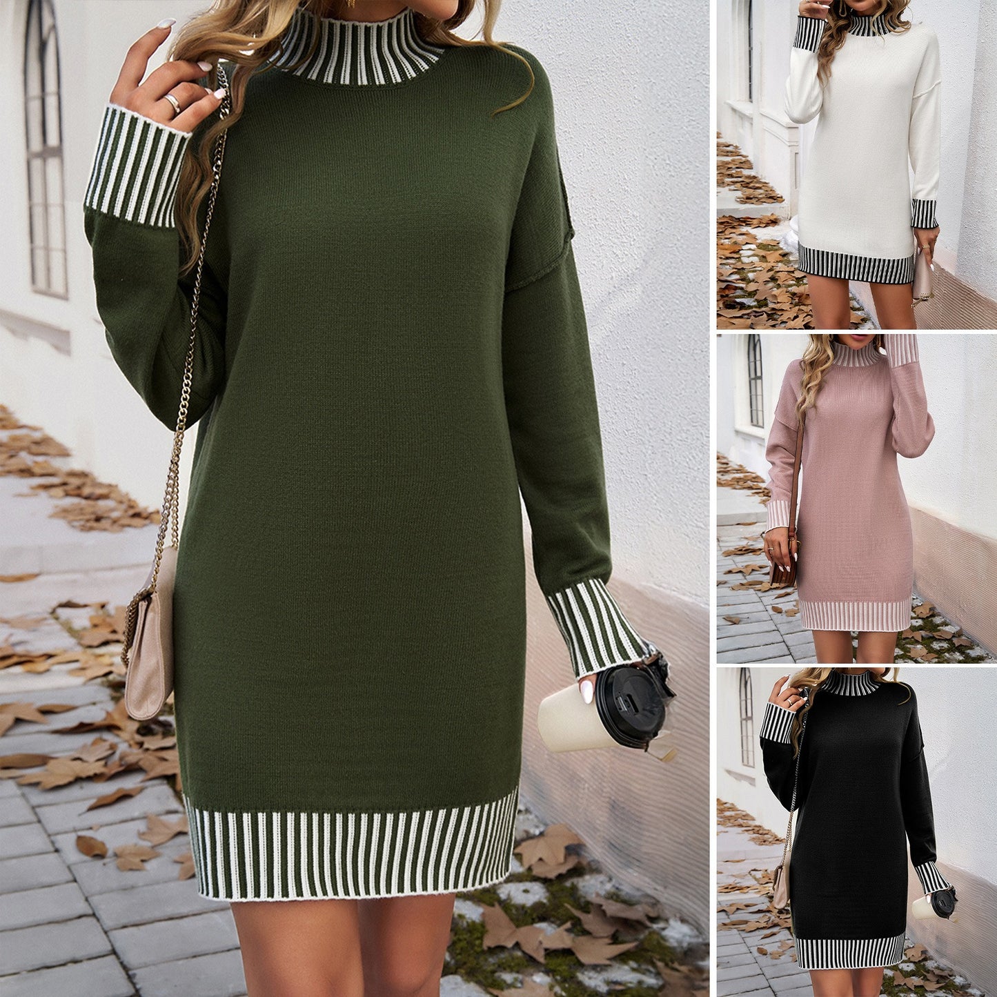 European and American autumn and winter women's clothing temperament casual contrasting color spliced sweater dress eprolo