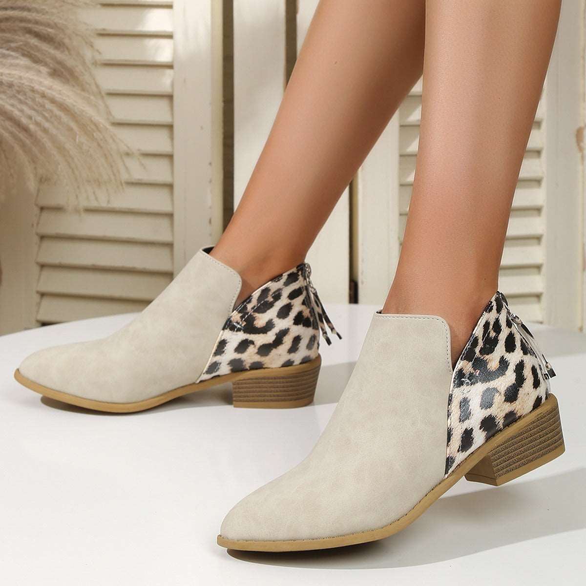 Fashion Leopard Print Boots Women's Pointed Thick Heels Back Zipper Shoes - House of Cardwell