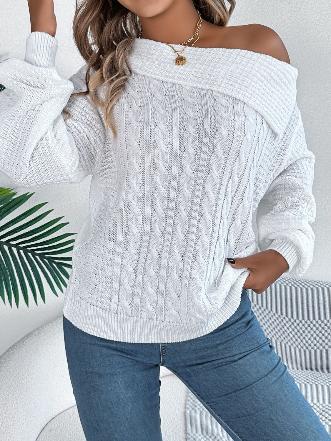 Cable-Knit One Shoulder Long Sleeve Sweater Trendsi