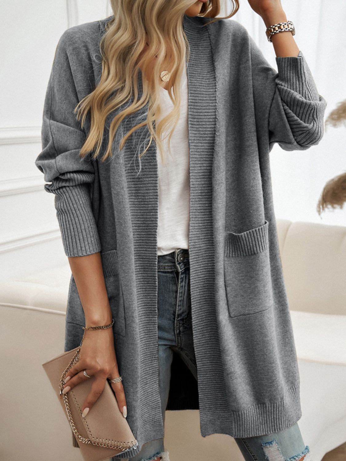 Devine Open Front Long Sleeve Cardigan Trendsi