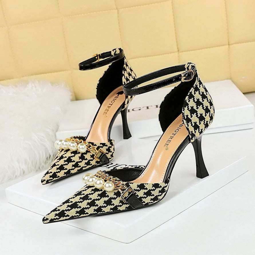 Banquet hollow high heels plaid houndstooth pearl metal chain strappy sandals - House of Cardwell