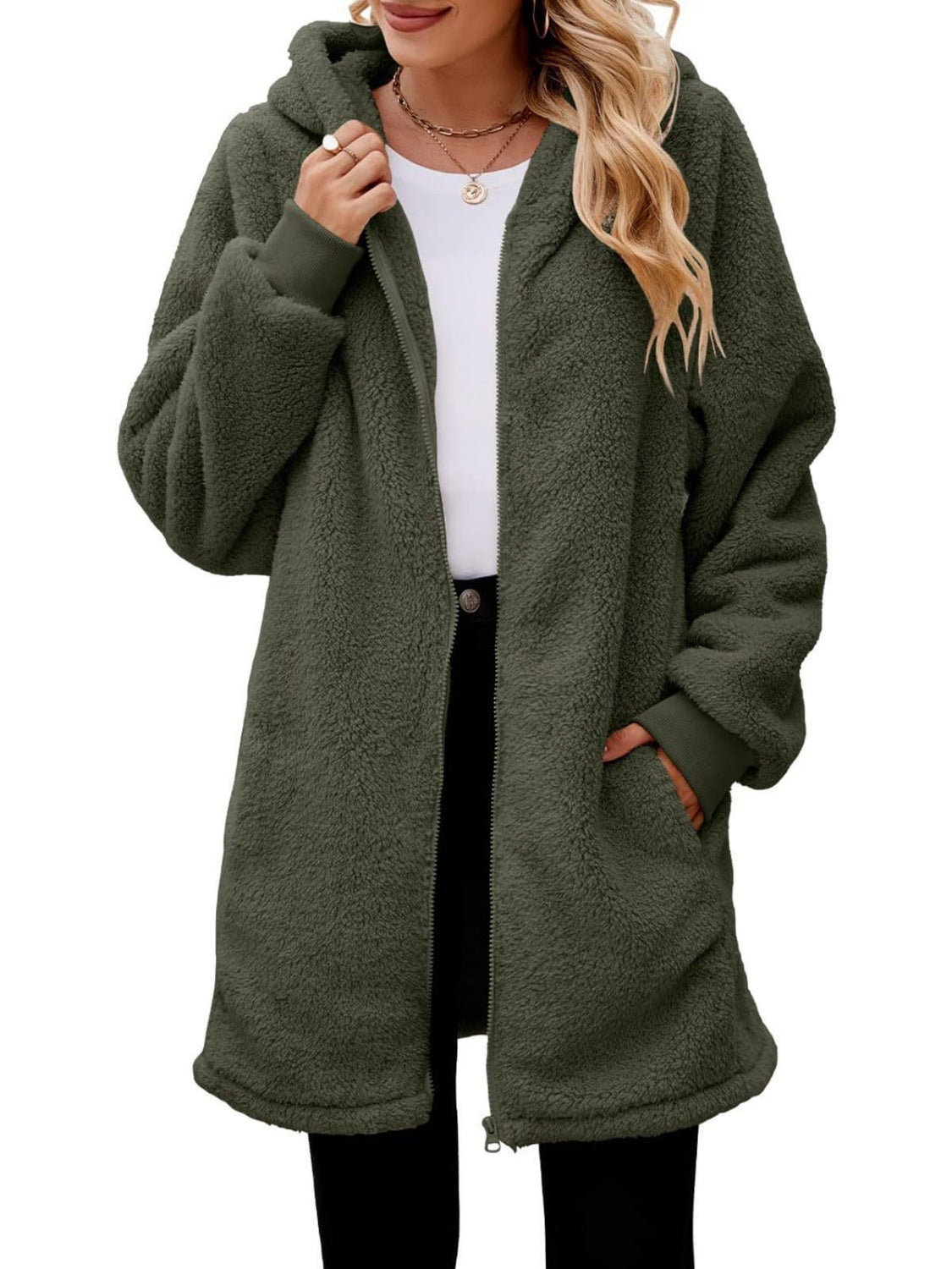 Fuzzy Pocketed Zip Up Long Sleeve Hooded Jacket Trendsi