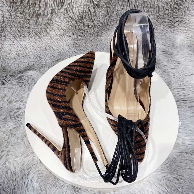 Dark Brown Hairy Zebra Women Pointed Toe Ankle Strap Slingbacks Stiletto Pumps Sexy Ladies Comfortable High Heel Shoes - House of Cardwell