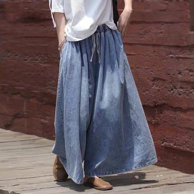 Washed jeans, wide leg pants, retro loose fit, oversized elastic waist tie up pants skirt - House of Cardwell