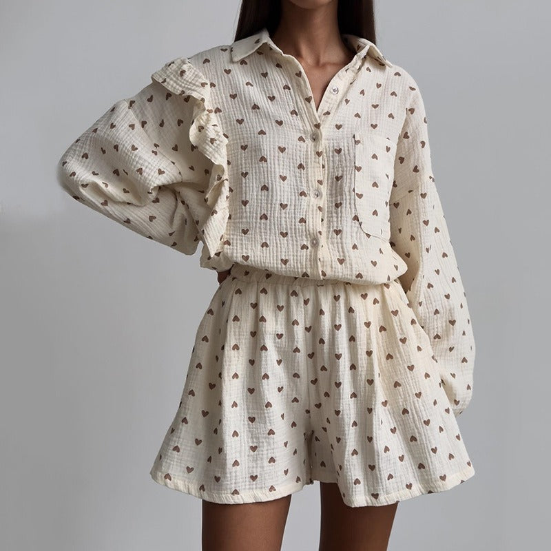 Ruffled Heart Print Shirt Wide-Leg Shorts Casual Suit - House of Cardwell