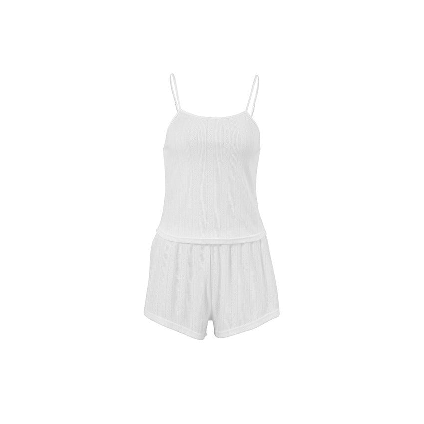 Lounging knitted suspender shorts, women's home wear, jacquard white cool pajamas, two-piece set - House of Cardwell