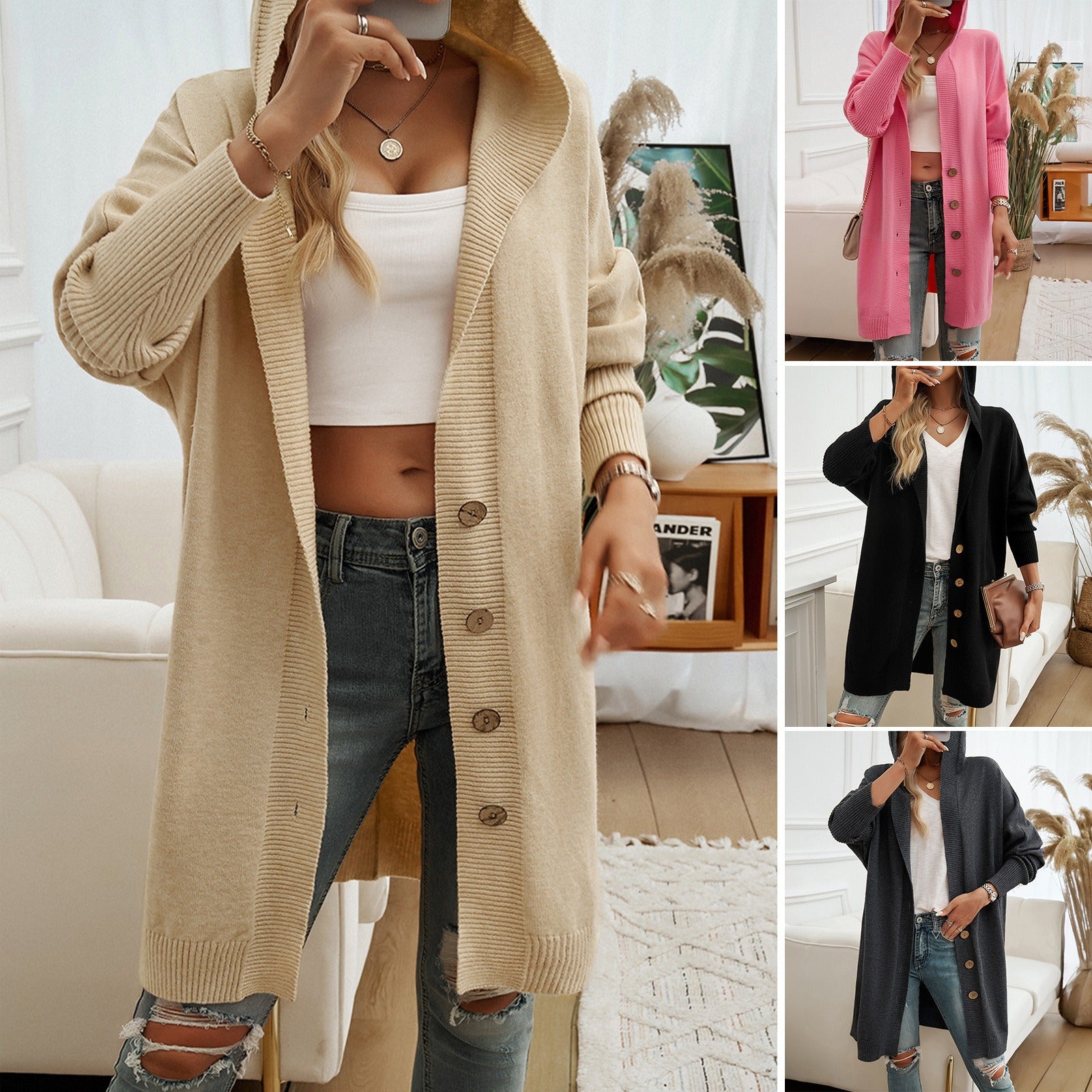 Autumn and Winter casual loose-breasted hooded cardigan breasted eprolo