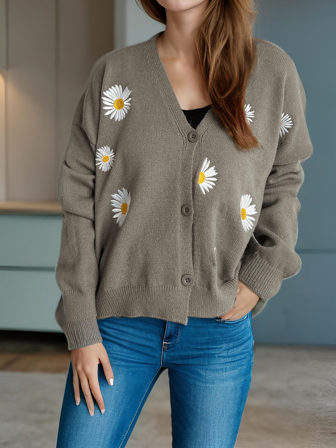 Daisy Button Up V-Neck Cardigan Trendsi