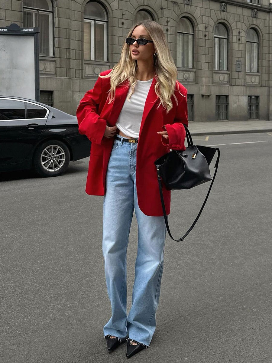 Red suit with European and American temperament, shoulder pads, loose lapel pockets, red suit jacket eprolo