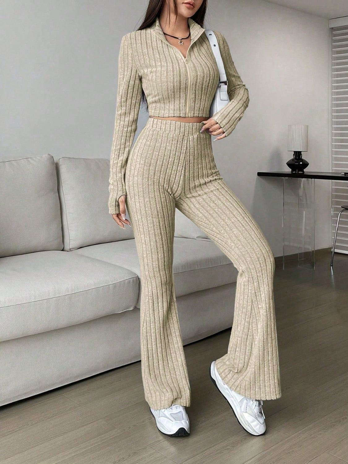 Honey Zip Up Long Sleeve Top and Pants Set Trendsi