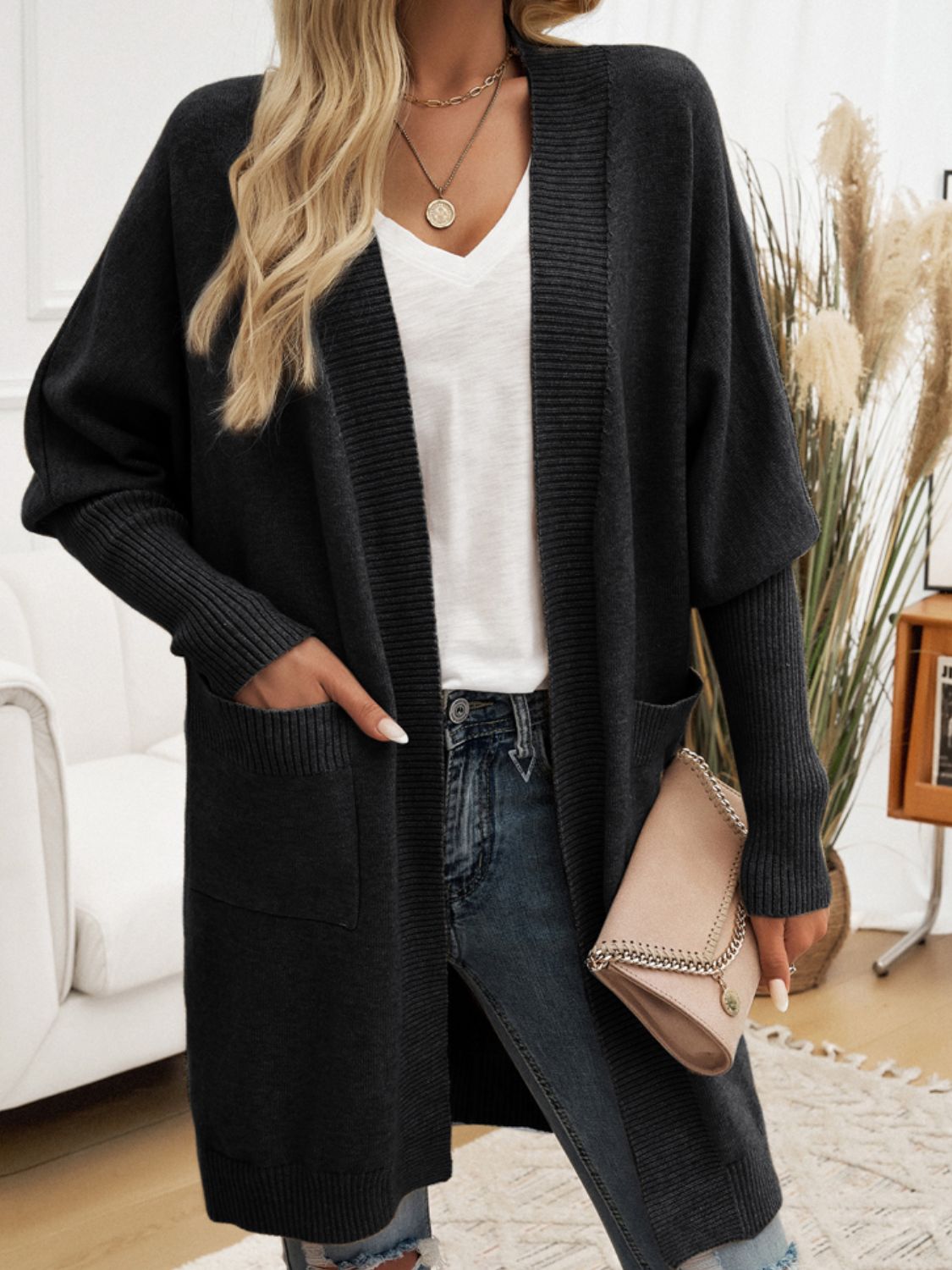 Devine Open Front Long Sleeve Cardigan Trendsi