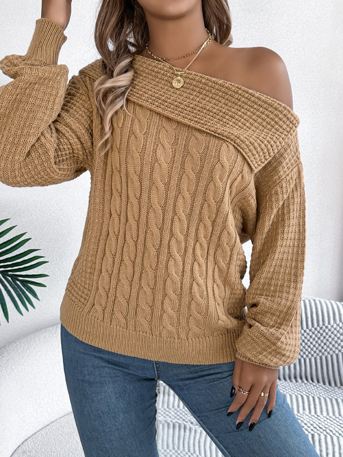 Cable-Knit One Shoulder Long Sleeve Sweater Trendsi