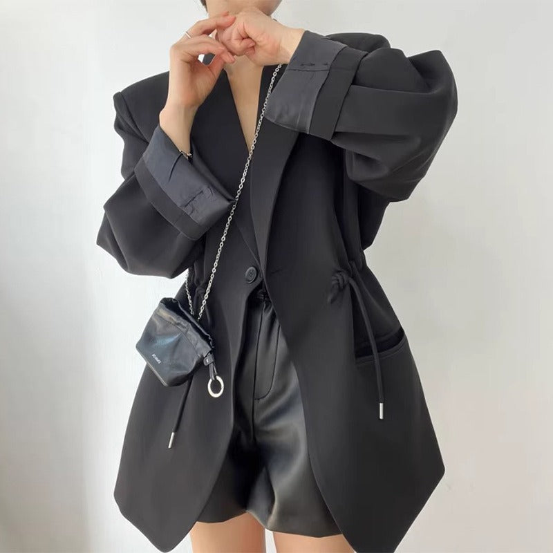 French retro style suit collar, drawstring, waist cinching, slimming pocket, versatile mid length jacket for women eprolo