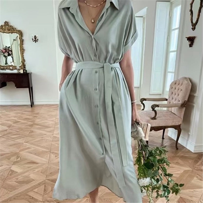 V-neck waist mid-length dress for women cardigan short-sleeved shirt dress for women - House of Cardwell