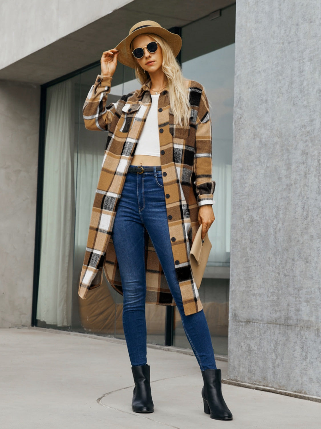 Plaid Pocketed Button Up Trench Coat Trendsi