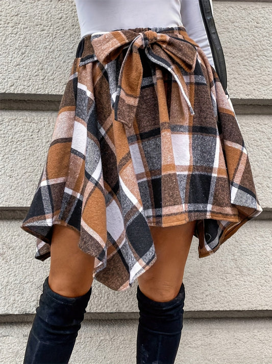 Tied Plaid Asymmetrical Hem Skirt Trendsi