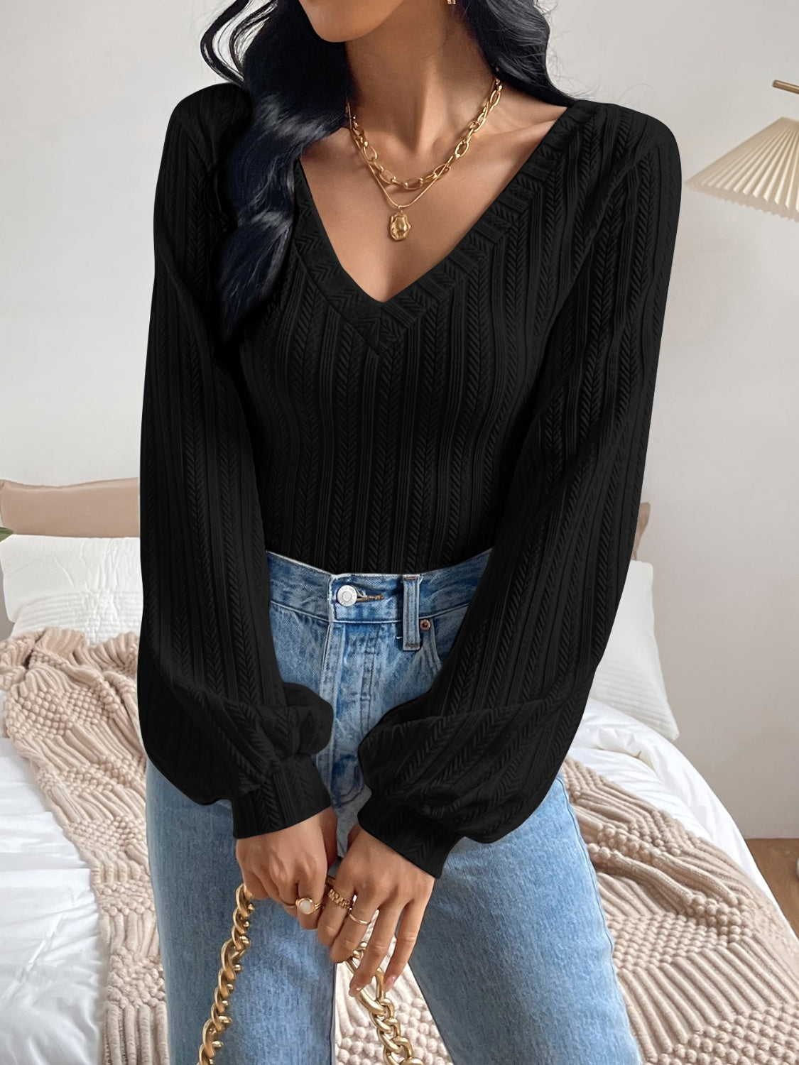 Honey V-Neck Long Sleeve T-Shirt Trendsi