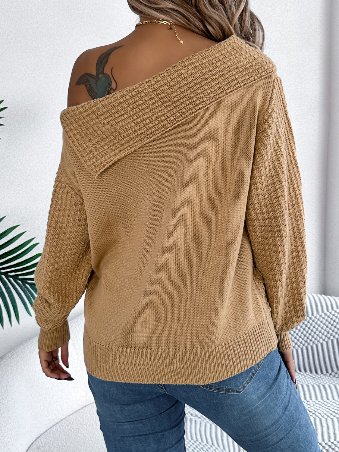 Cable-Knit One Shoulder Long Sleeve Sweater Trendsi