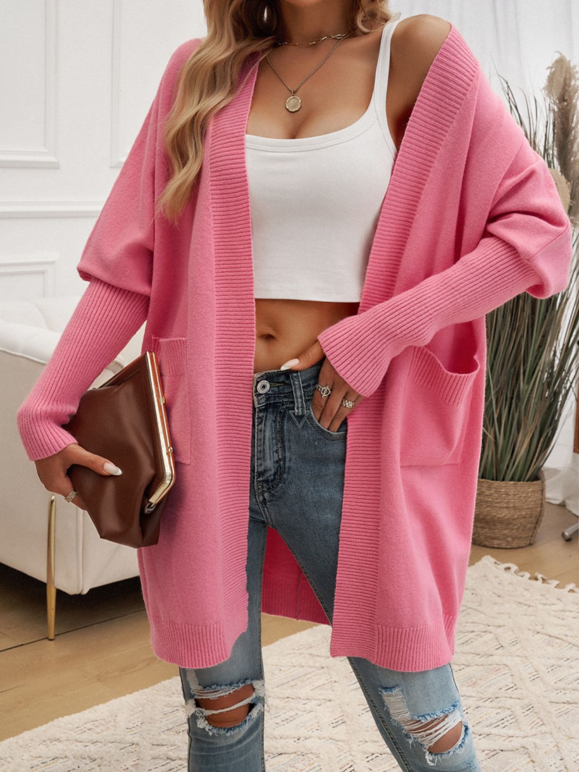 Devine Open Front Long Sleeve Cardigan Trendsi