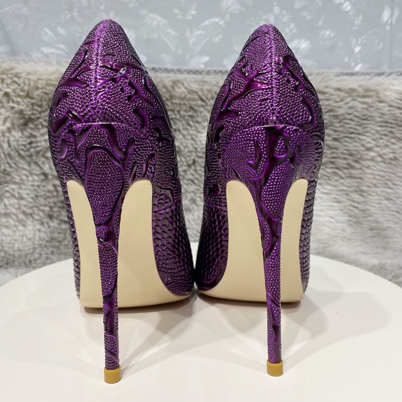 Tikicup Purple Embossed Crocodile Effect Women Pointy Toe Slip On High Heel Shoes for Party Sexy Ladies Dress Stiletto Pumps - House of Cardwell