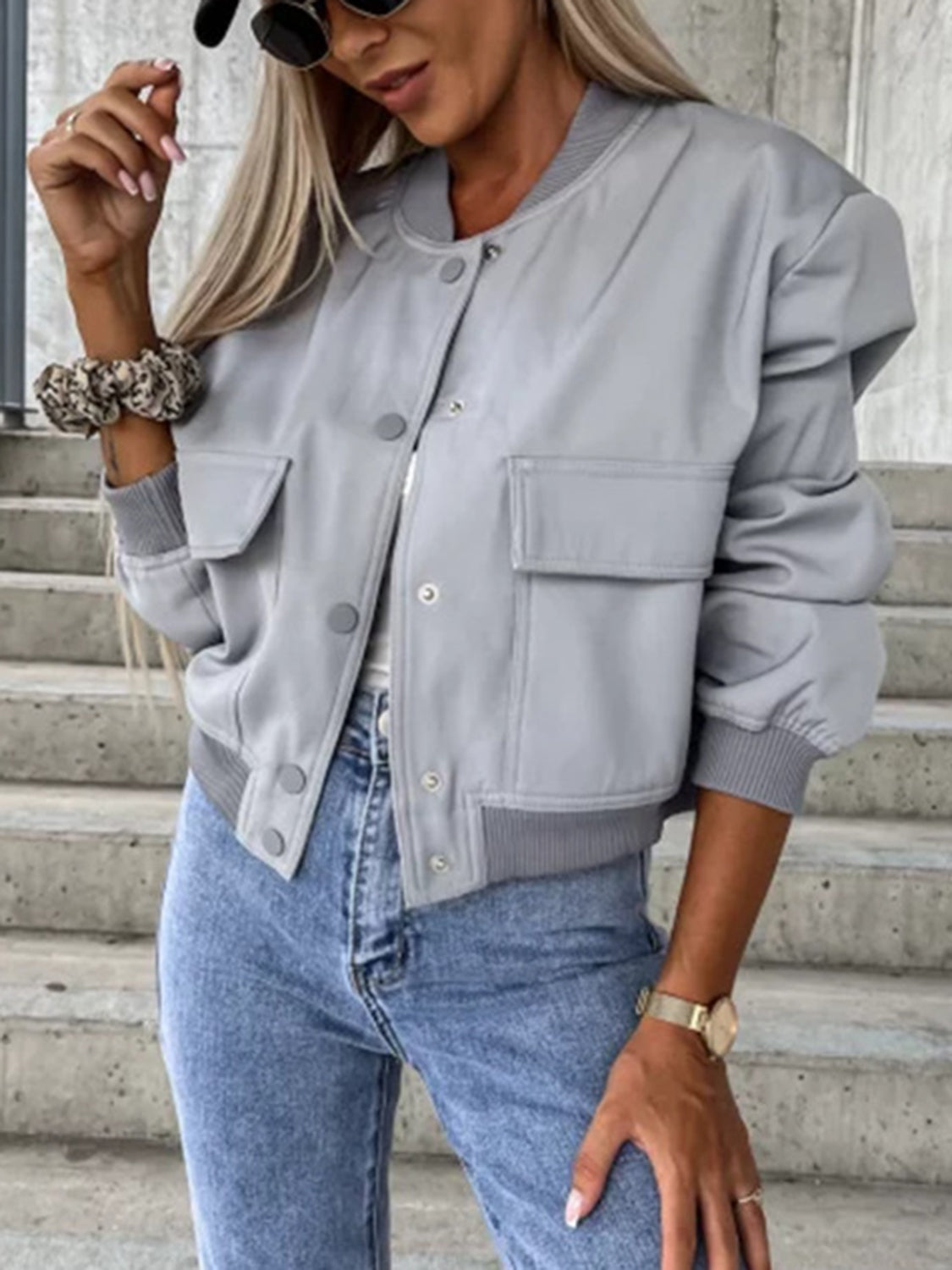 Baseball Collar Dropped Shoulder Jacket Trendsi