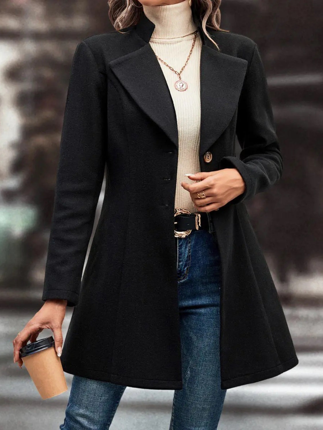 Collared Neck Long Sleeve Longline Coat Trendsi