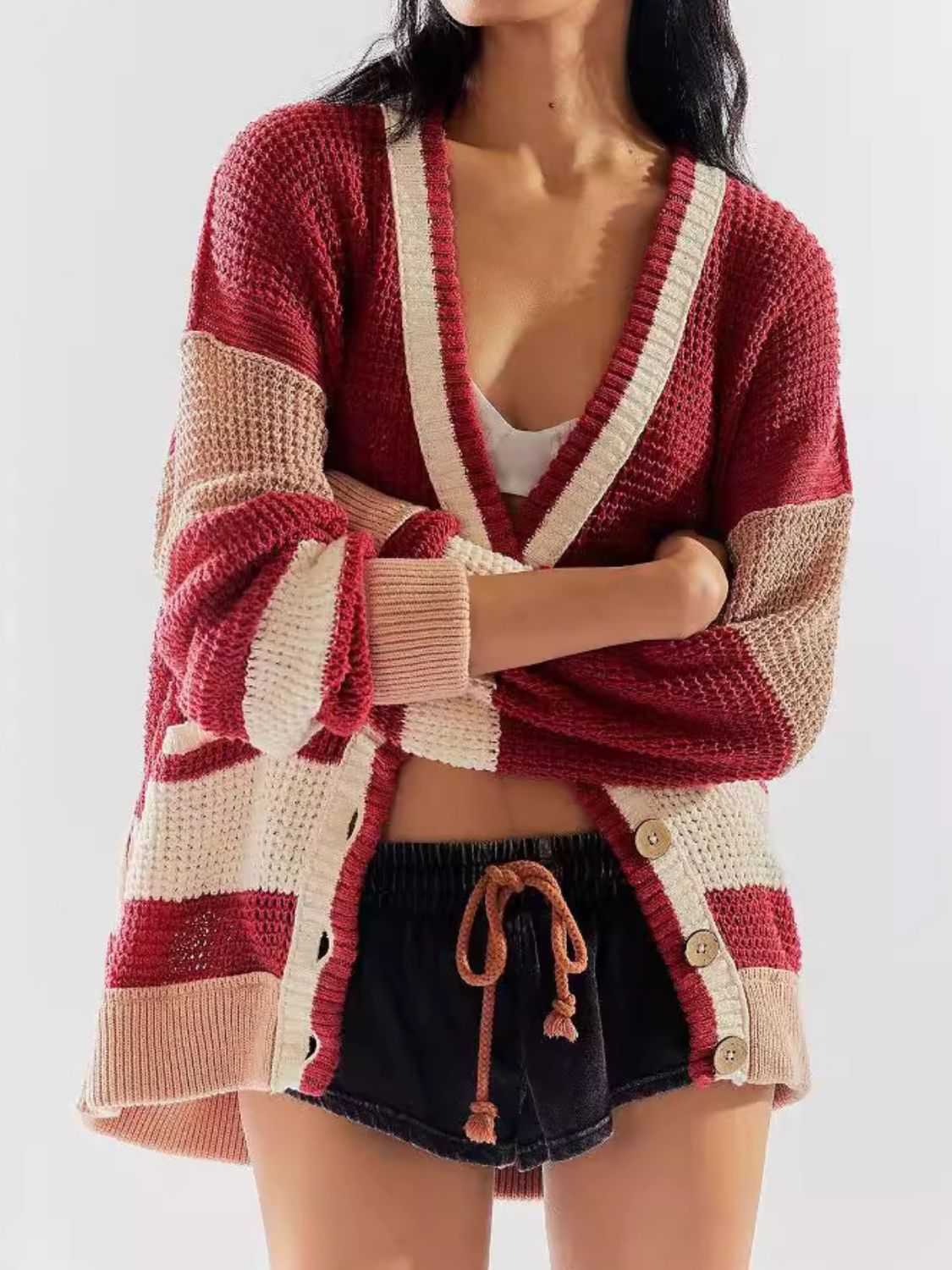 Pocketed Contrast V-Neck Long Sleeve Cardigan Trendsi