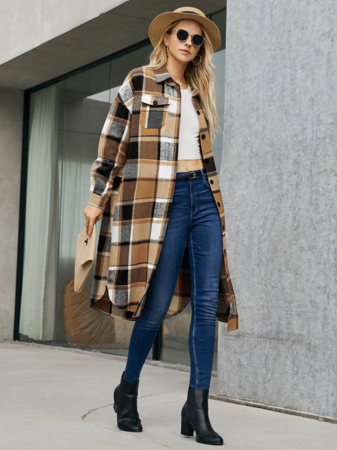 Plaid Pocketed Button Up Trench Coat Trendsi