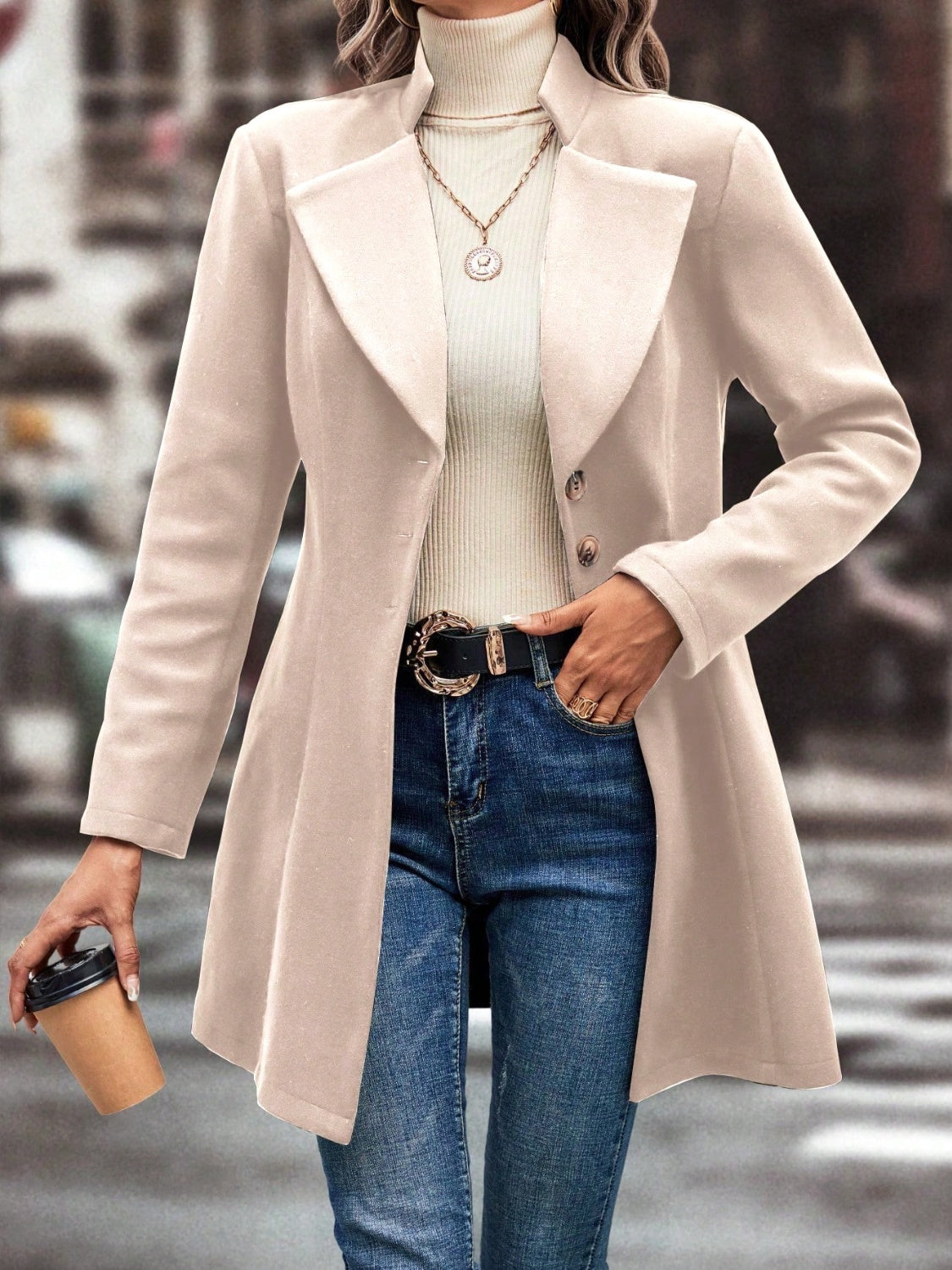 Collared Neck Long Sleeve Longline Coat Trendsi