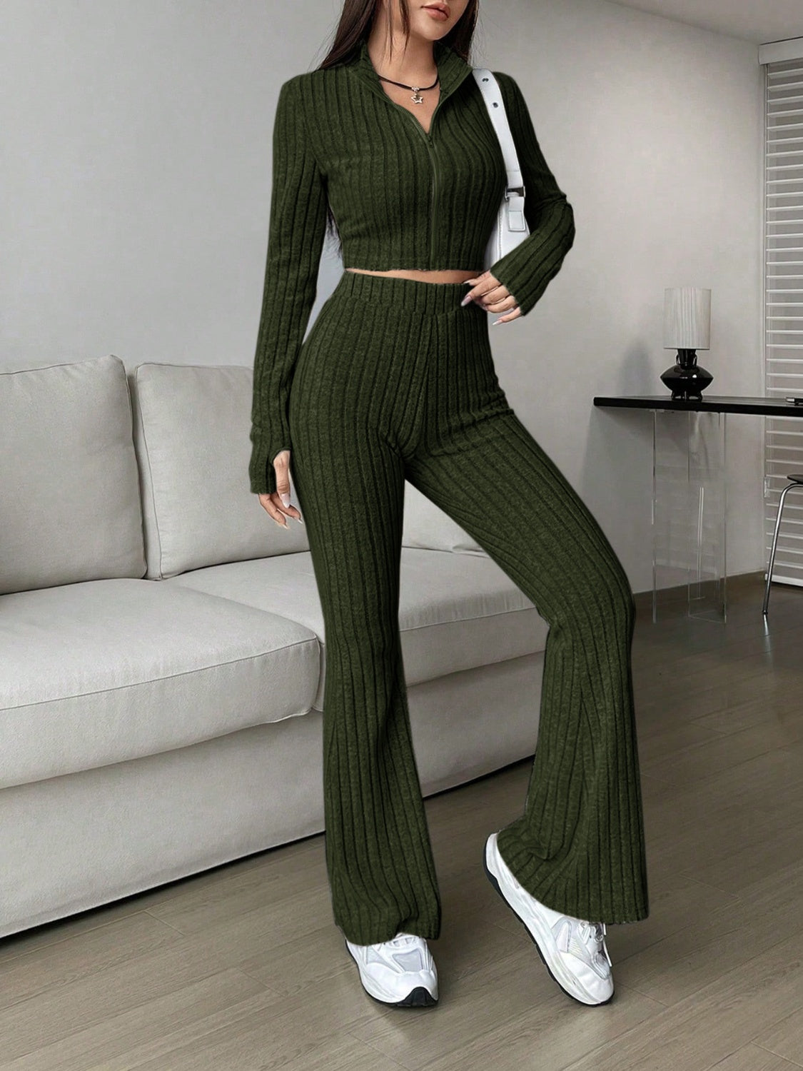 Honey Zip Up Long Sleeve Top and Pants Set Trendsi