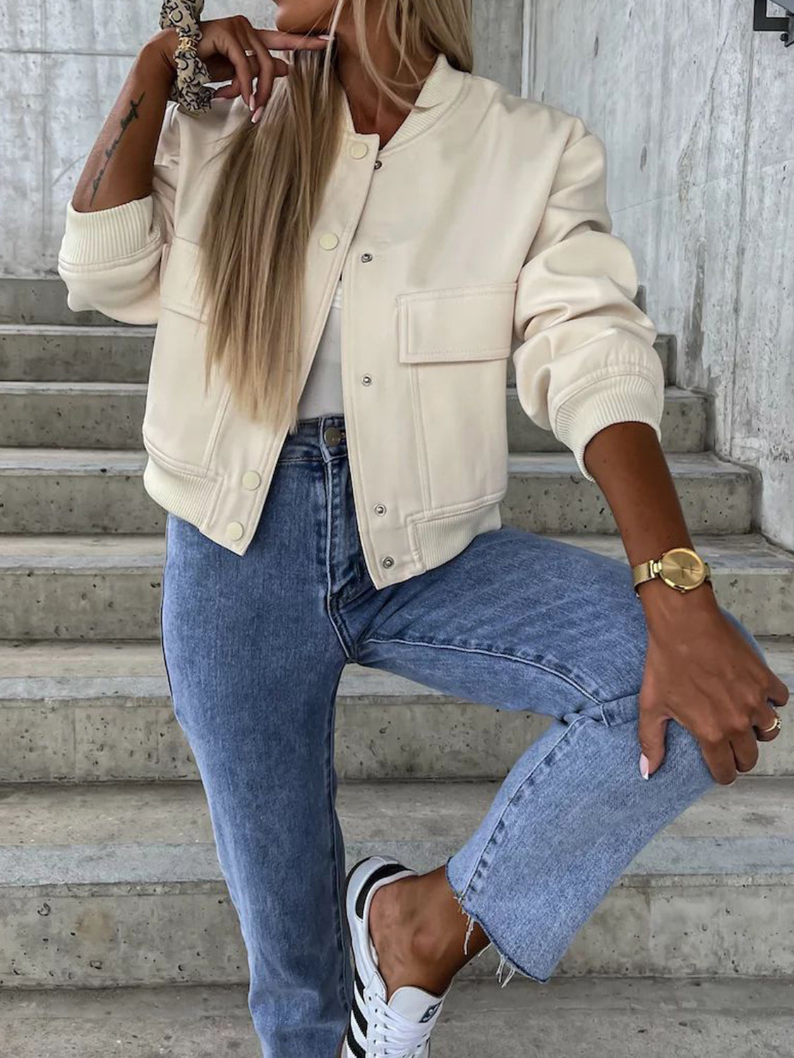 Baseball Collar Dropped Shoulder Jacket Trendsi