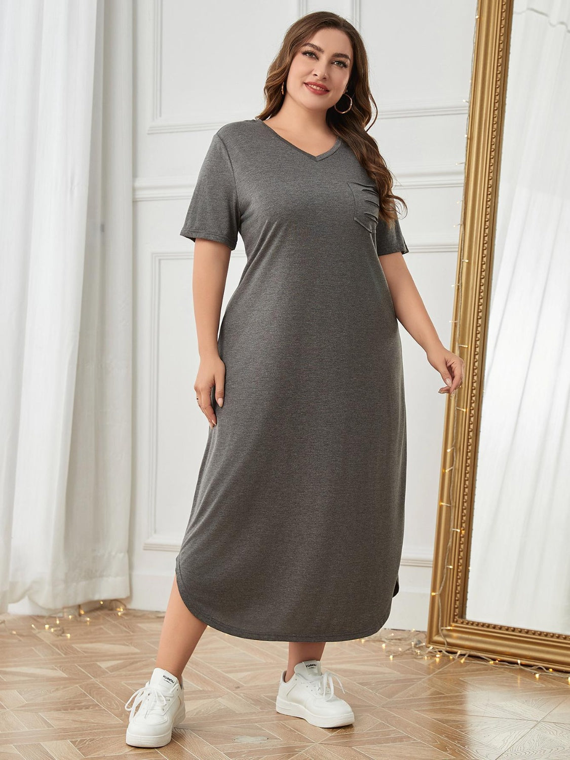 Plus Size Pocketed V-Neck Short Sleeve Lounge Dress - House of Cardwell