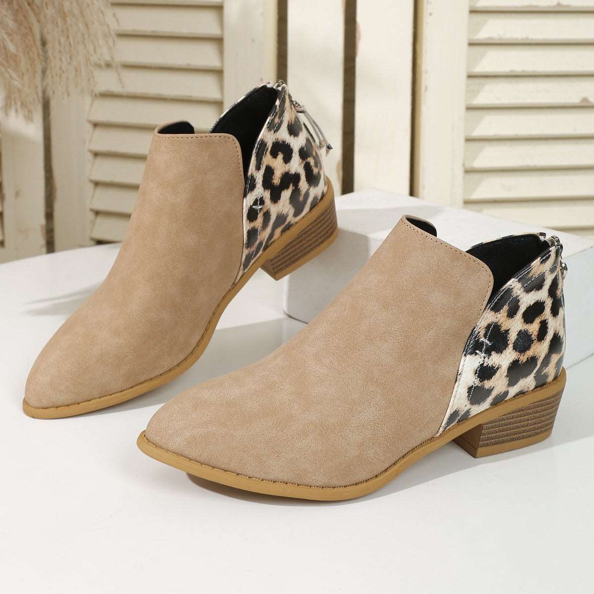 Fashion Leopard Print Boots Women's Pointed Thick Heels Back Zipper Shoes - House of Cardwell